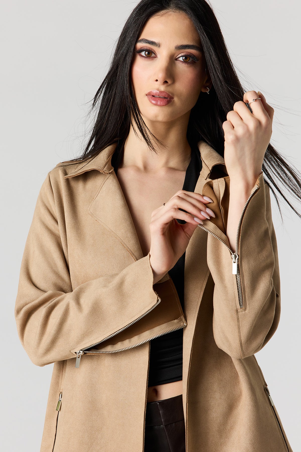 Alt View 4. Faux Suede Trench Coat - Taupe