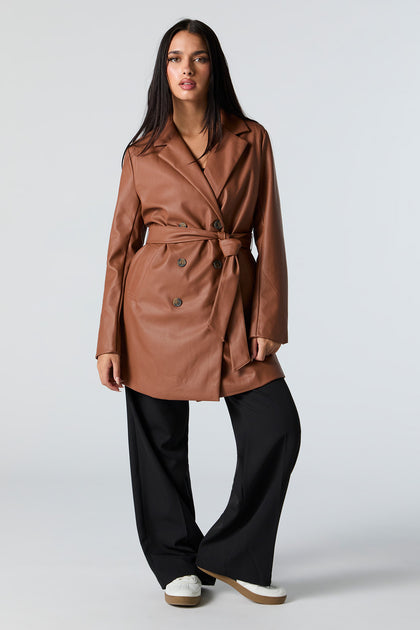 Faux Leather Trench Coat