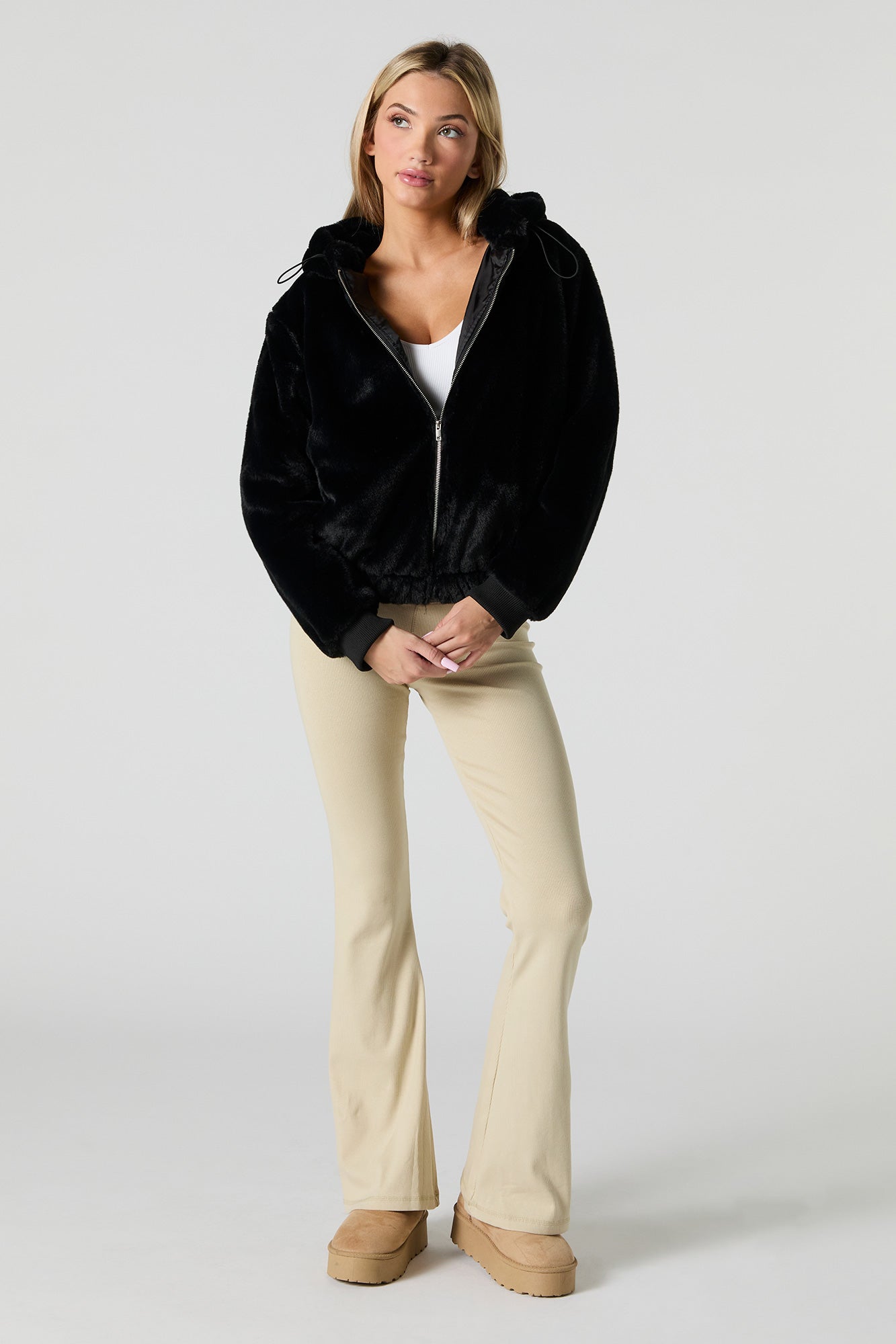 Faux Fur Zip-Up Hooded Jacket