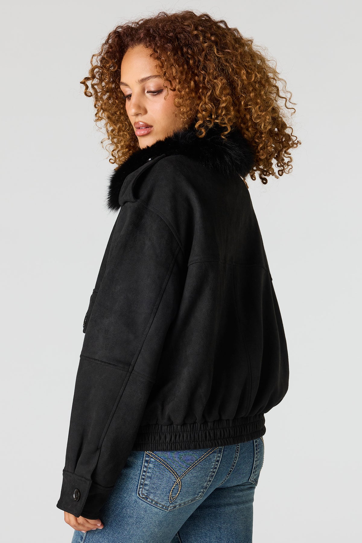 Alt View 2. Suede Fur Trim Bomber Jacket - Black