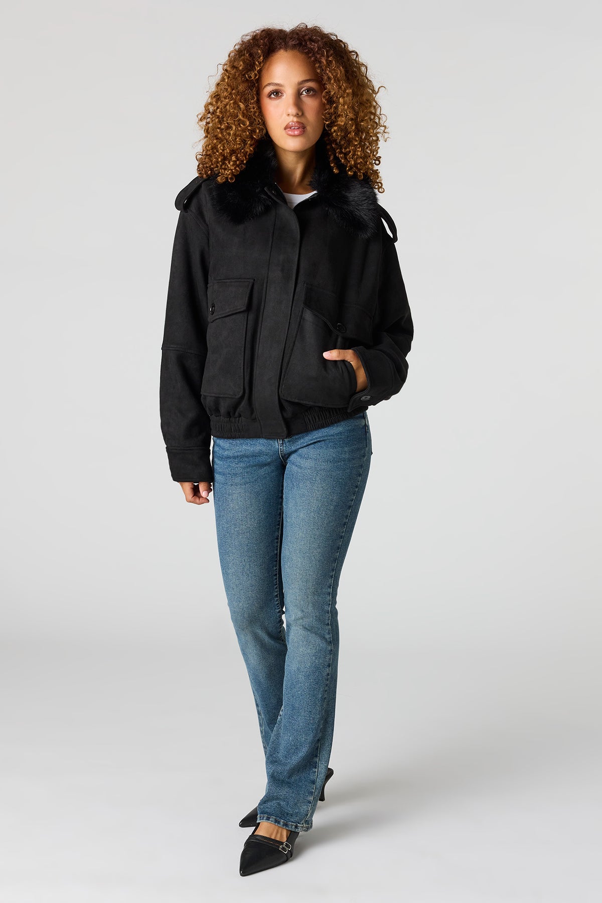 Alt View 3. Suede Fur Trim Bomber Jacket - Black