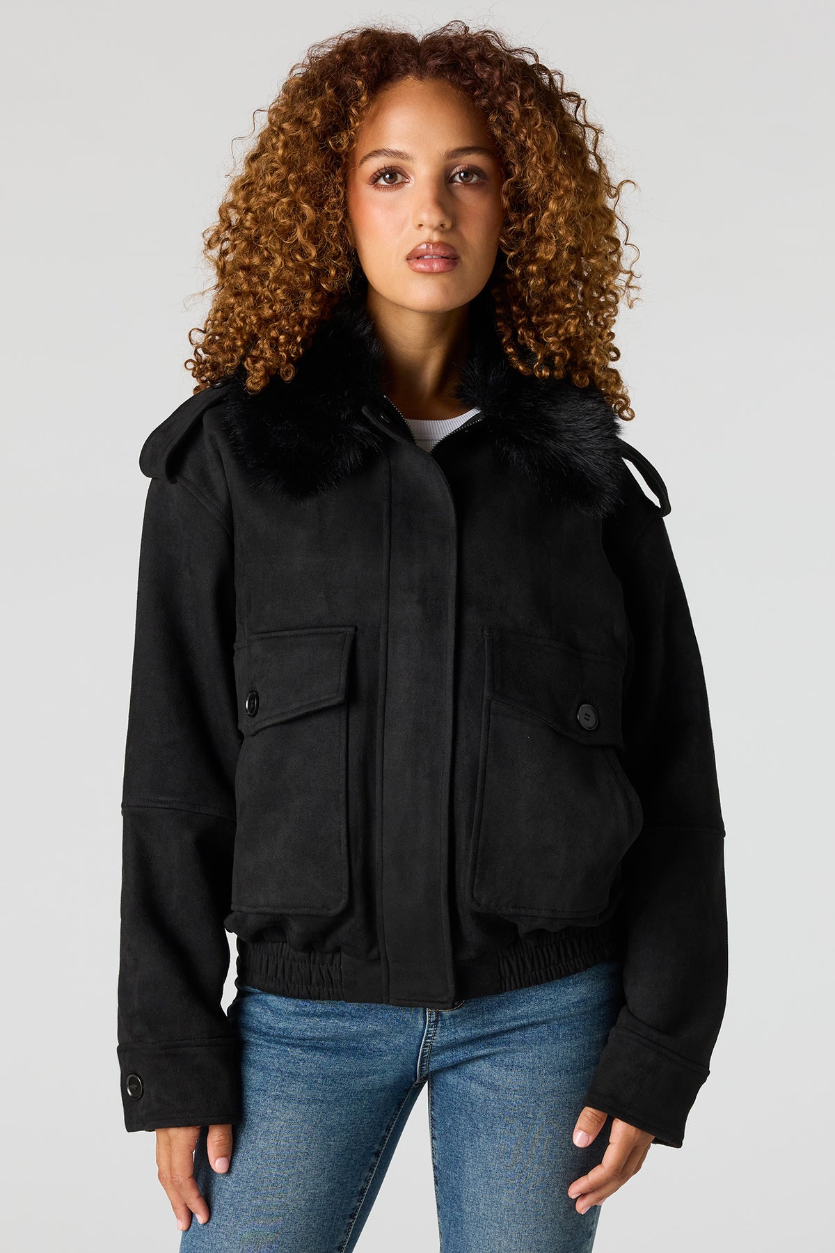 Suede Fur Trim Bomber Jacket - Black