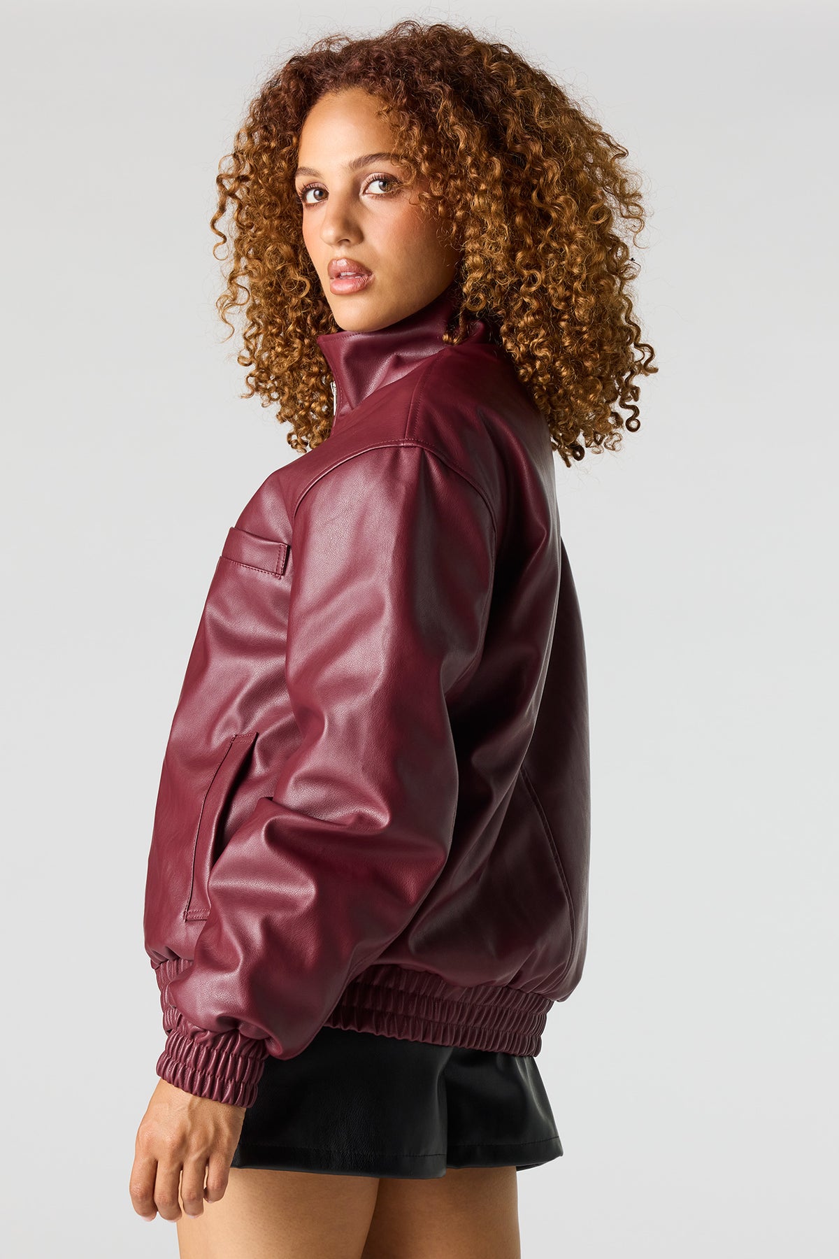 Alt View 2. Faux Leather Bomber Jacket - Burgundy
