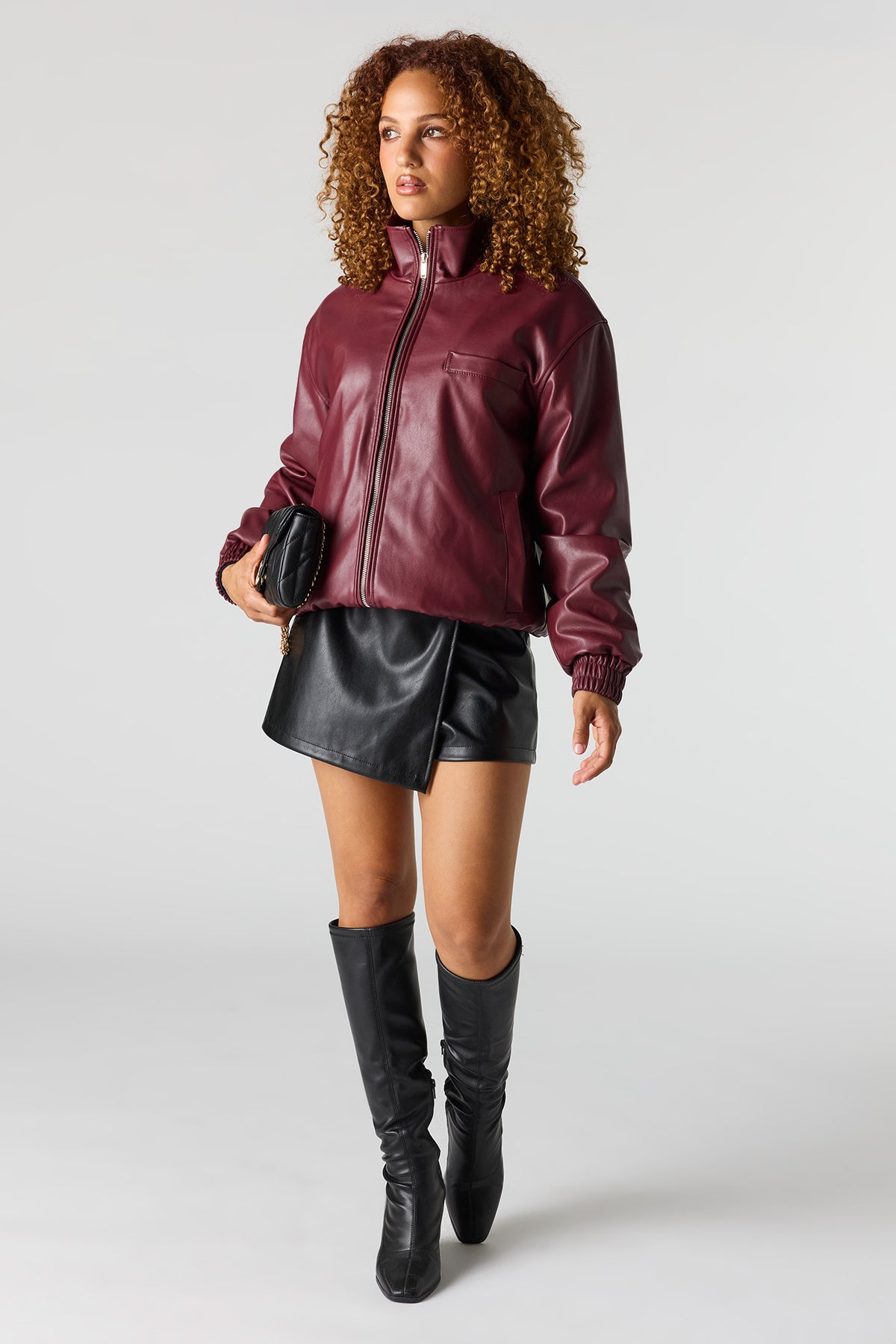 Alt View 3. Faux Leather Bomber Jacket - Burgundy