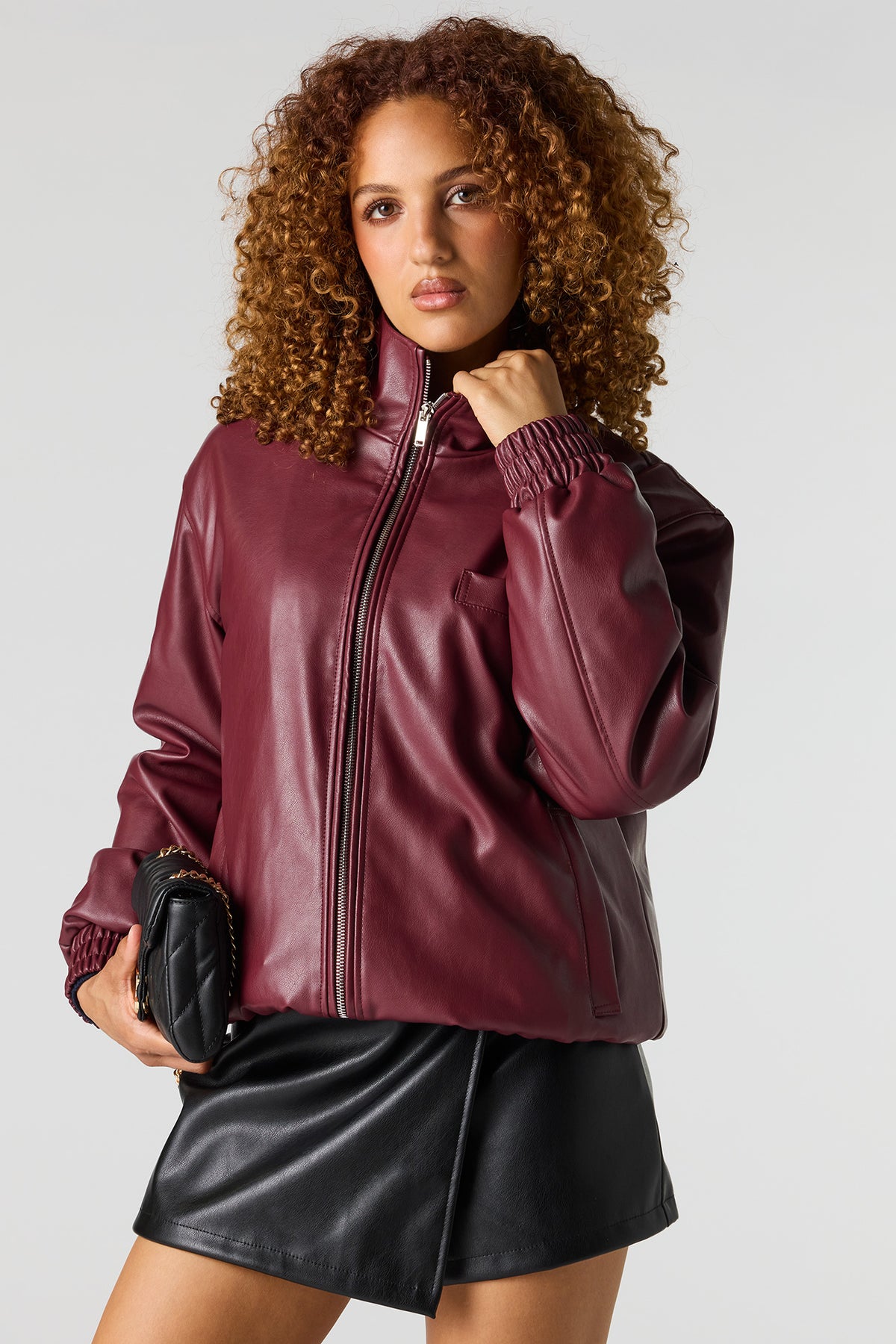 Alt View 4. Faux Leather Bomber Jacket - Burgundy