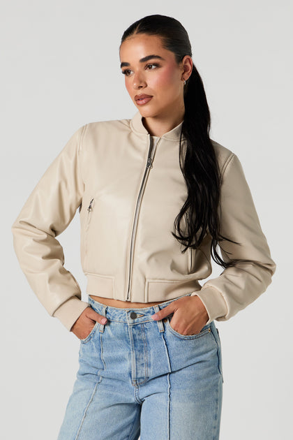 Faux Leather Cropped Bomber Jacket