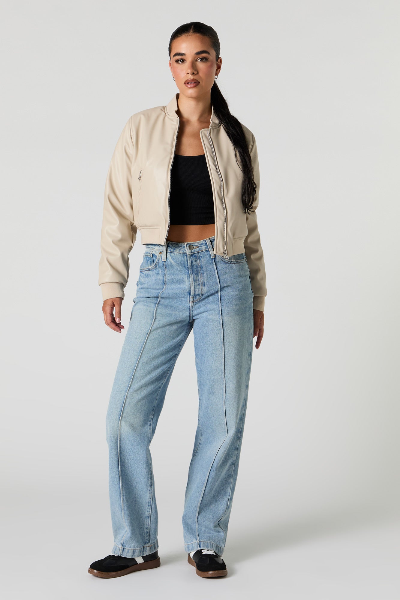 Faux Leather Cropped Bomber Jacket