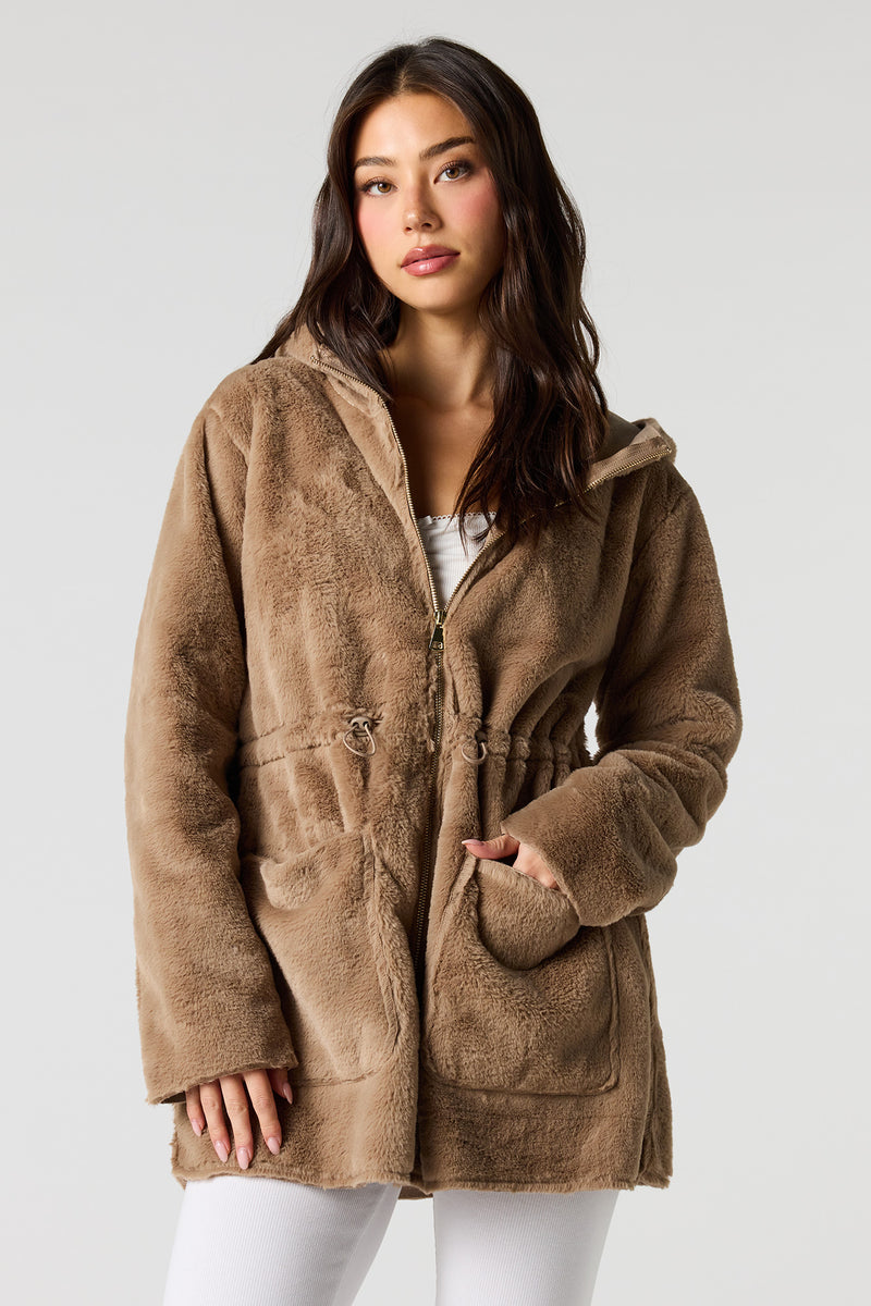 Blouson à capuchon en similifourrure avec barillet