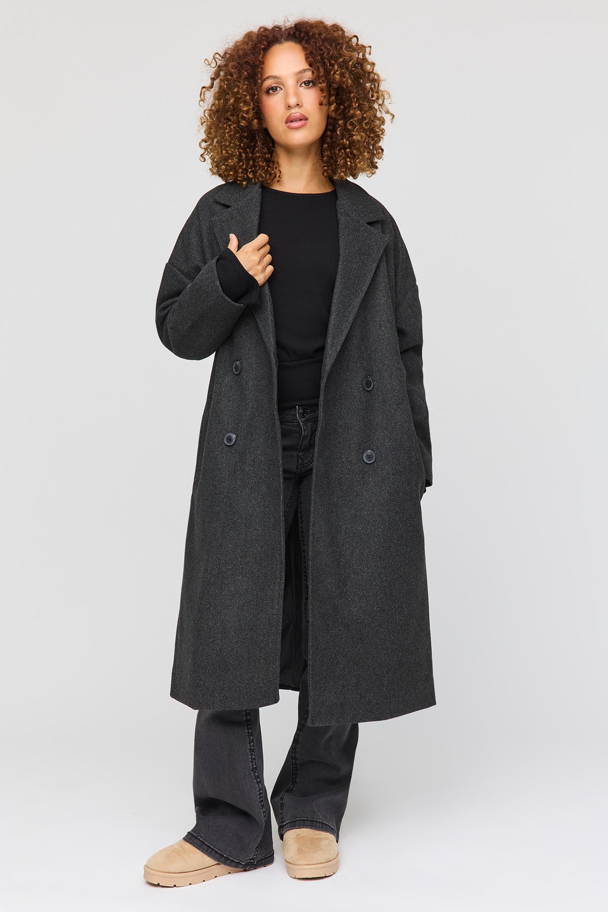 Faux Wool Double Breasted Coat - Charcoal