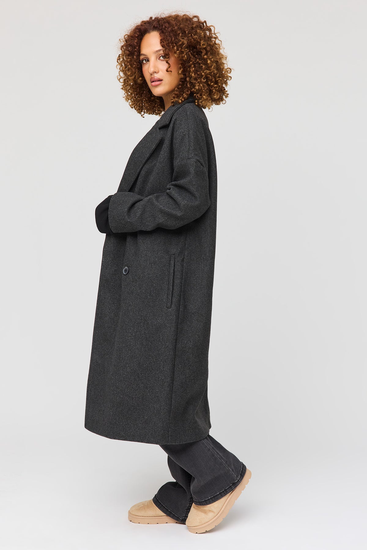Alt View 2. Faux Wool Double Breasted Coat - Charcoal