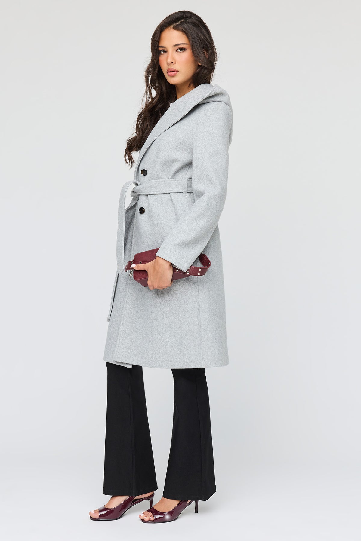 Alt View 2. Faux Wool Belted Coat With Hood - Heather Grey