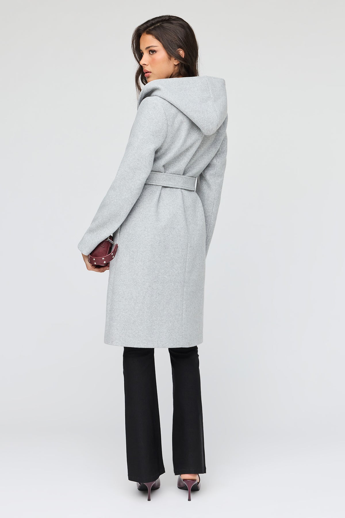 Alt View 3. Faux Wool Belted Coat With Hood - Heather Grey