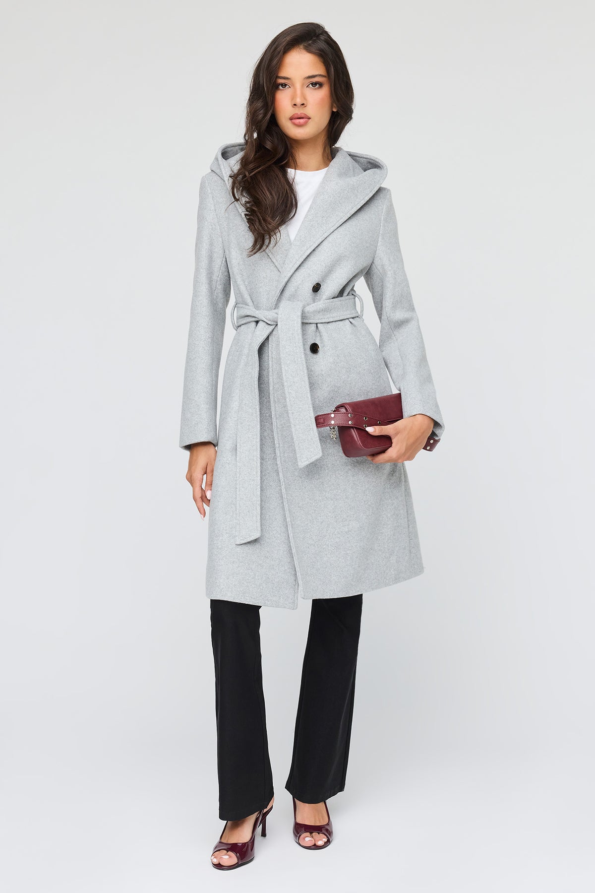 Faux Wool Belted Coat With Hood - Heather Grey