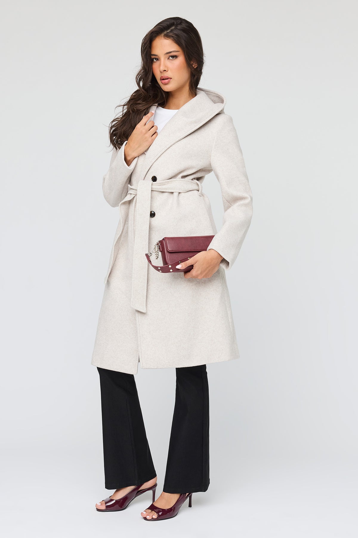 Alt View 2. Faux Wool Belted Coat With Hood - Off White