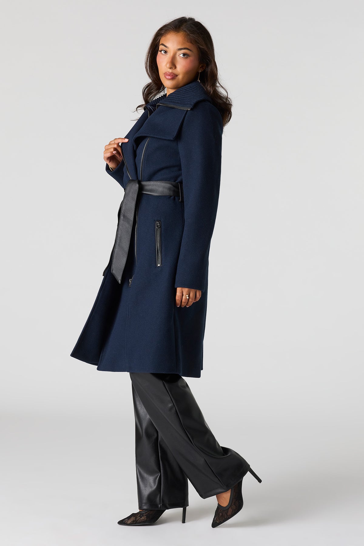 Alt View 2. Double Collared Belted Zip-Up Coat - Navy