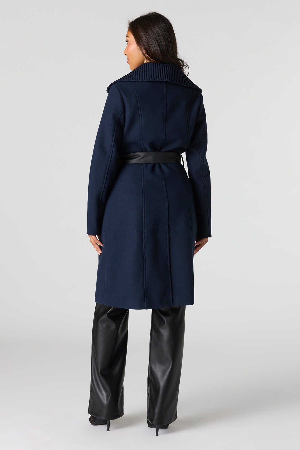 Alt View 3. Double Collared Belted Zip-Up Coat - Navy