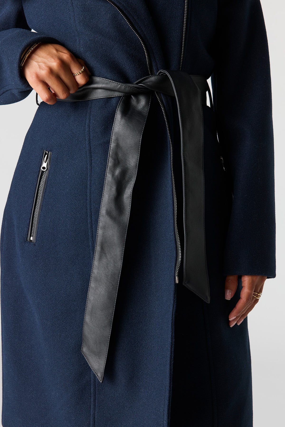 Alt View 4. Double Collared Belted Zip-Up Coat - Navy