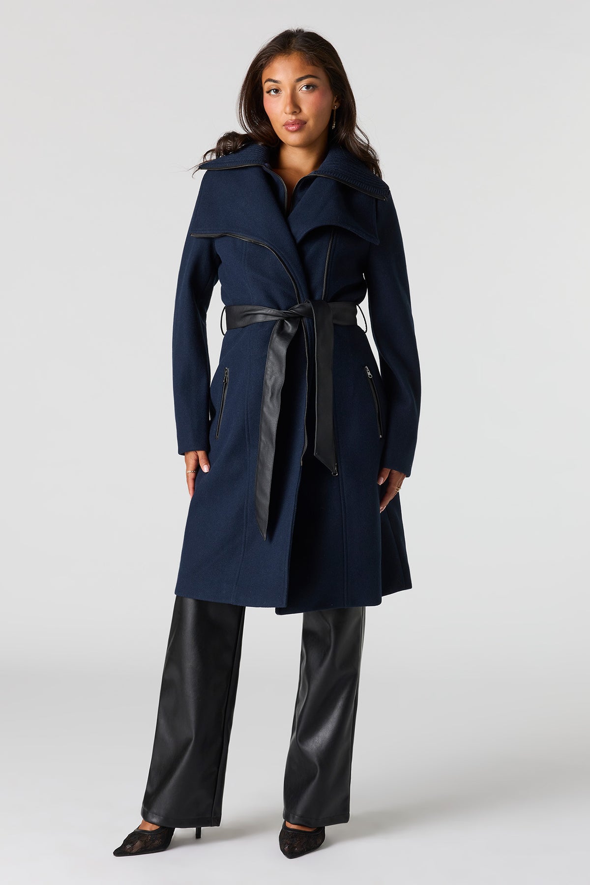 Double Collared Belted Zip-Up Coat - Navy