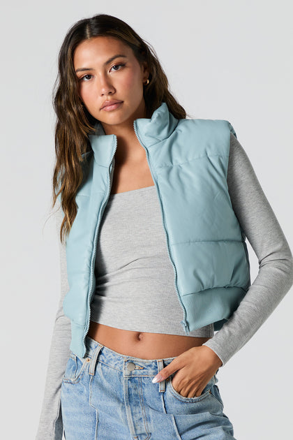 Faux Leather Quilted Puffer Vest