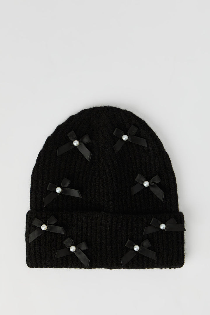 Faux Pearl Bow Beanie