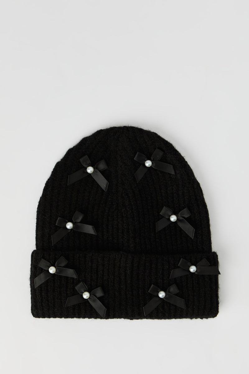 Faux Pearl Bow Beanie