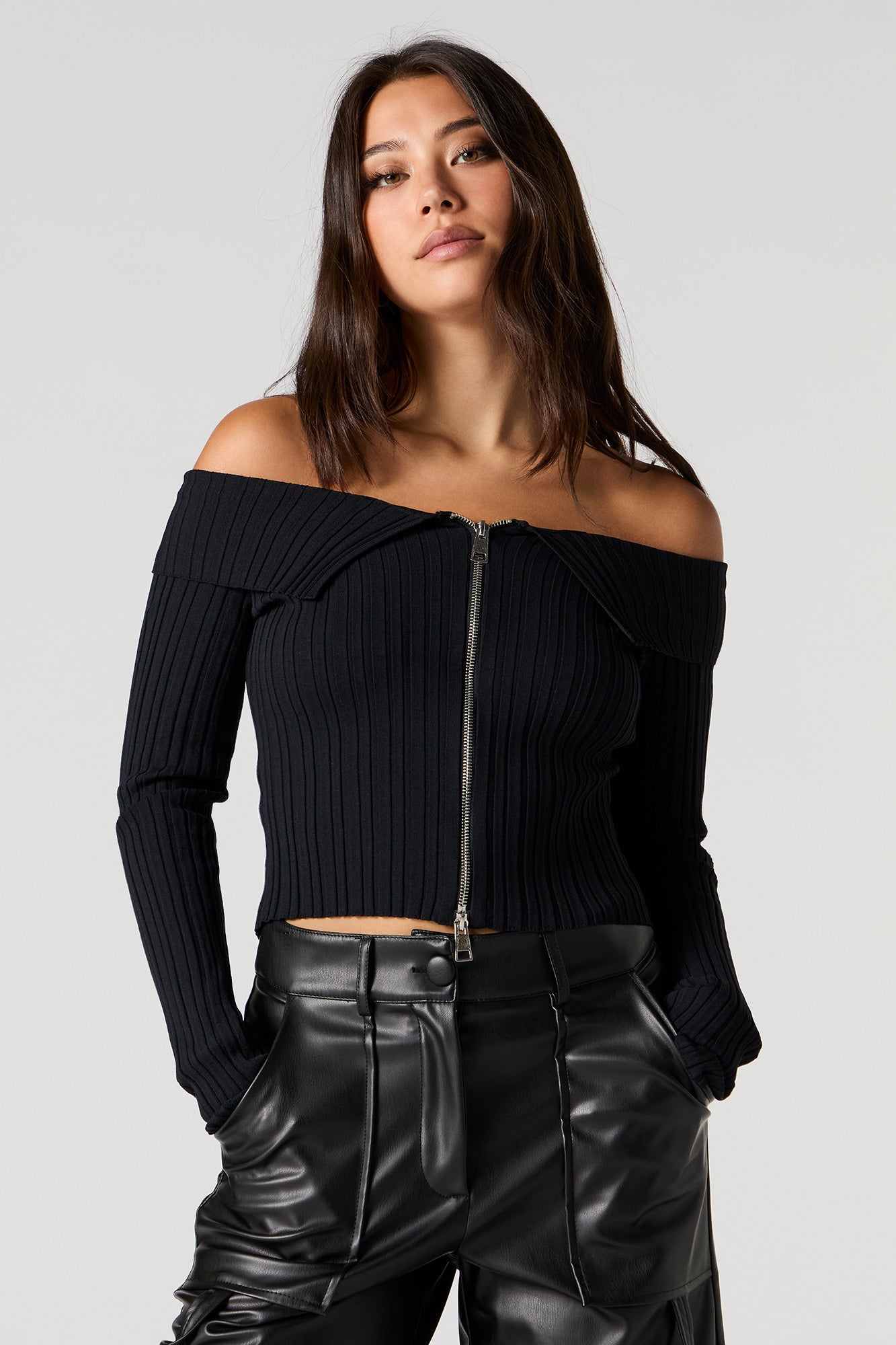 Wide Ribbed Off Shoulder Zip Up Top