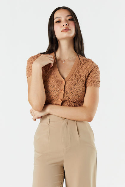 Pointelle Knit Button-Up Top