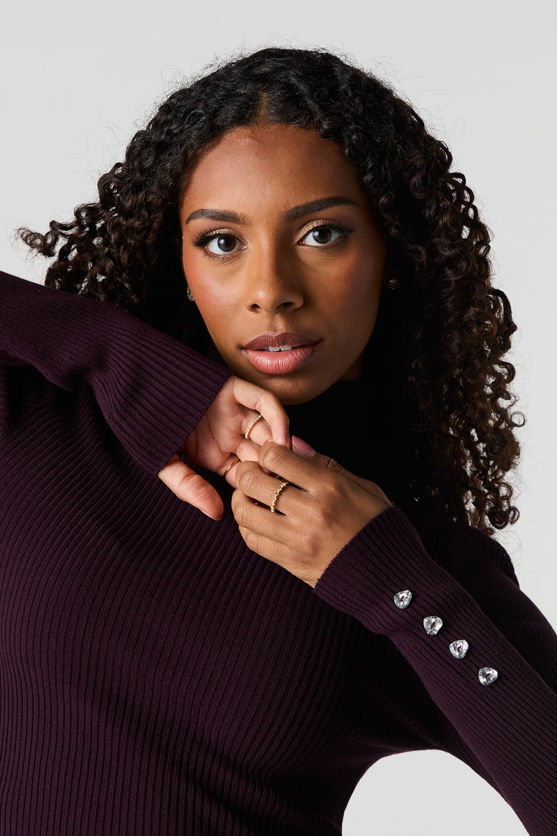 Ribbed Button Sleeve Turtleneck Sweater