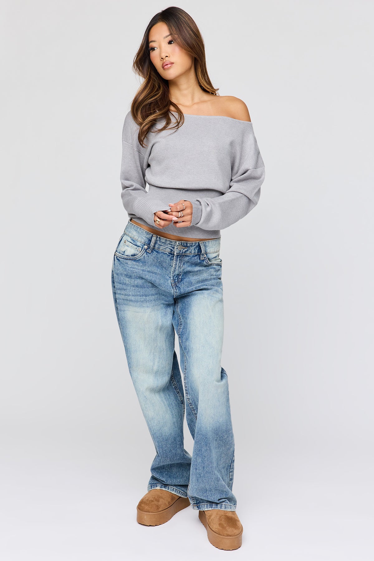 Alt View 3. Boatneck Cinched Waist Sweater - Heather Grey