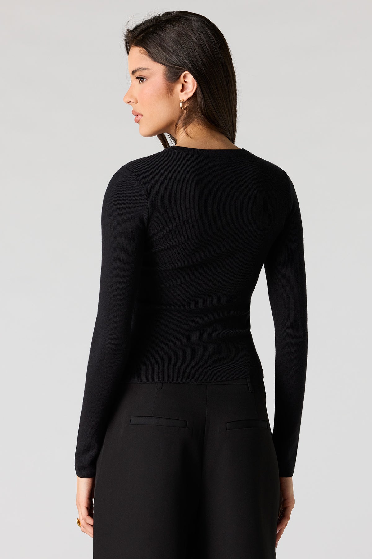 Alt View 2. Ribbed Button-Up Fitted Sweater - Black