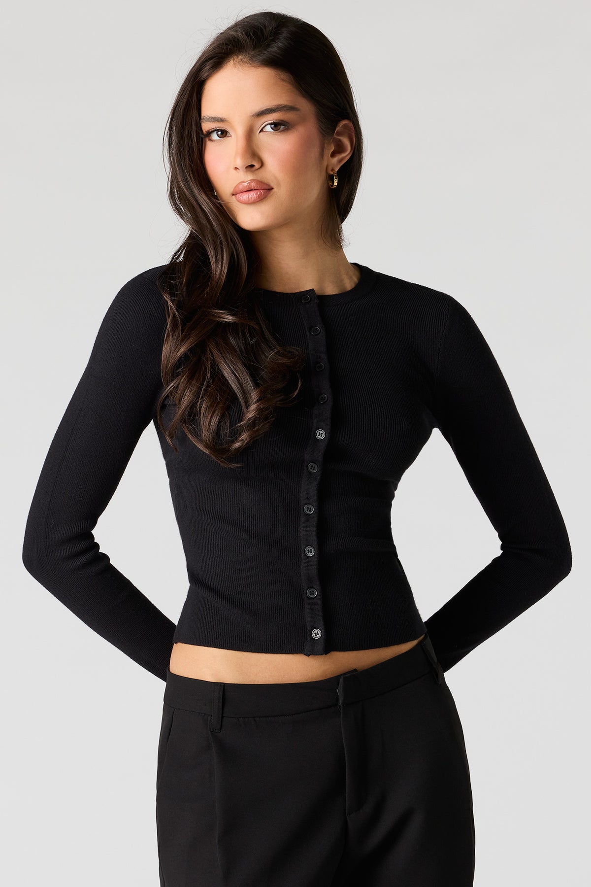 Ribbed Button-Up Fitted Sweater - Black