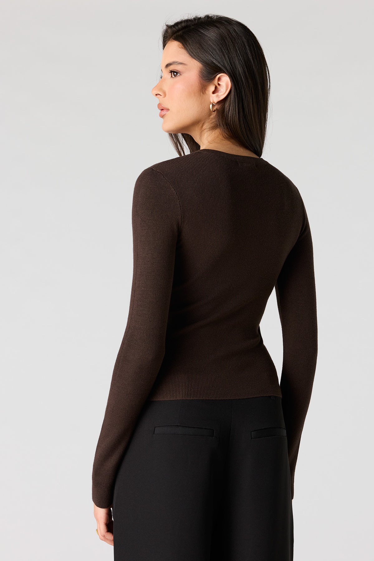 Alt View 2. Ribbed Button-Up Fitted Sweater - Dark Brown