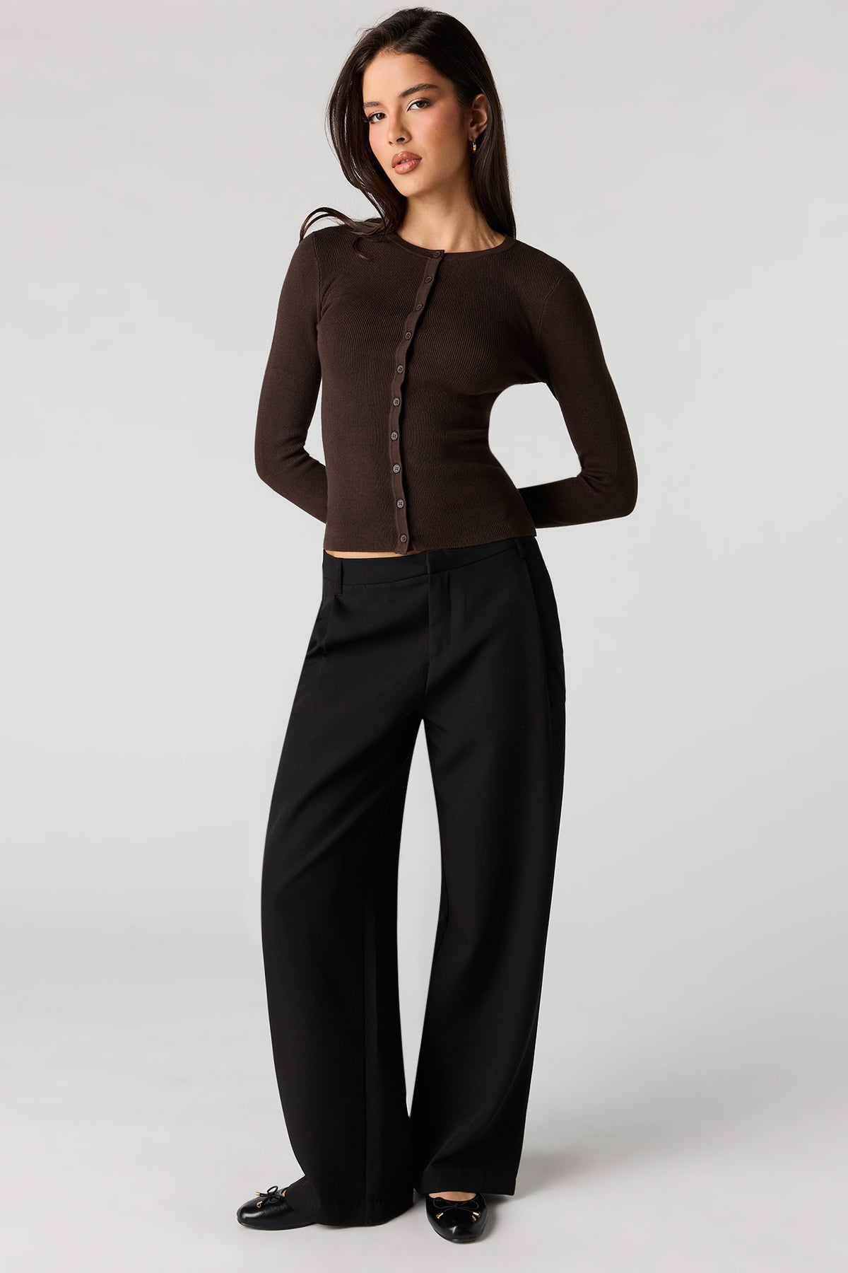 Alt View 3. Ribbed Button-Up Fitted Sweater - Dark Brown