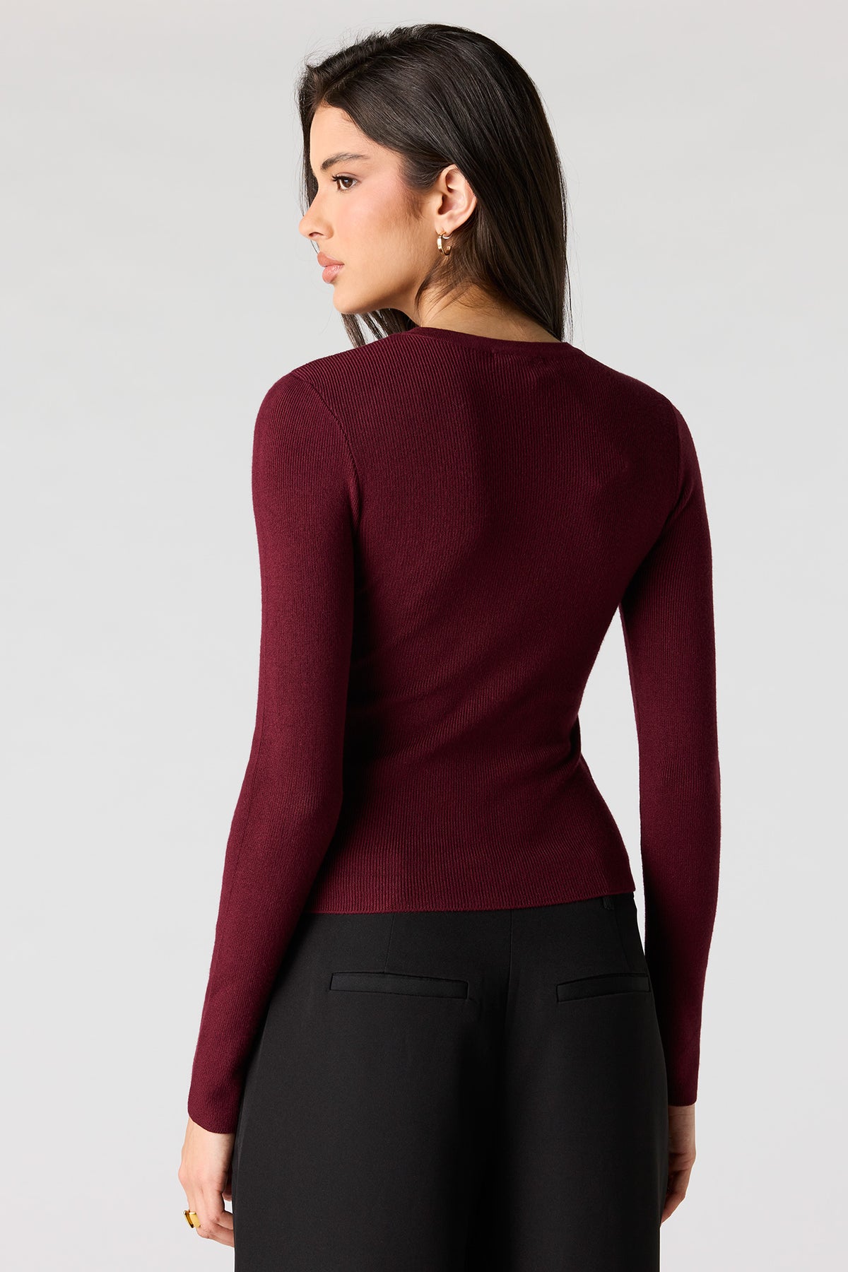 Alt View 2. Ribbed Button-Up Fitted Sweater - Burgundy