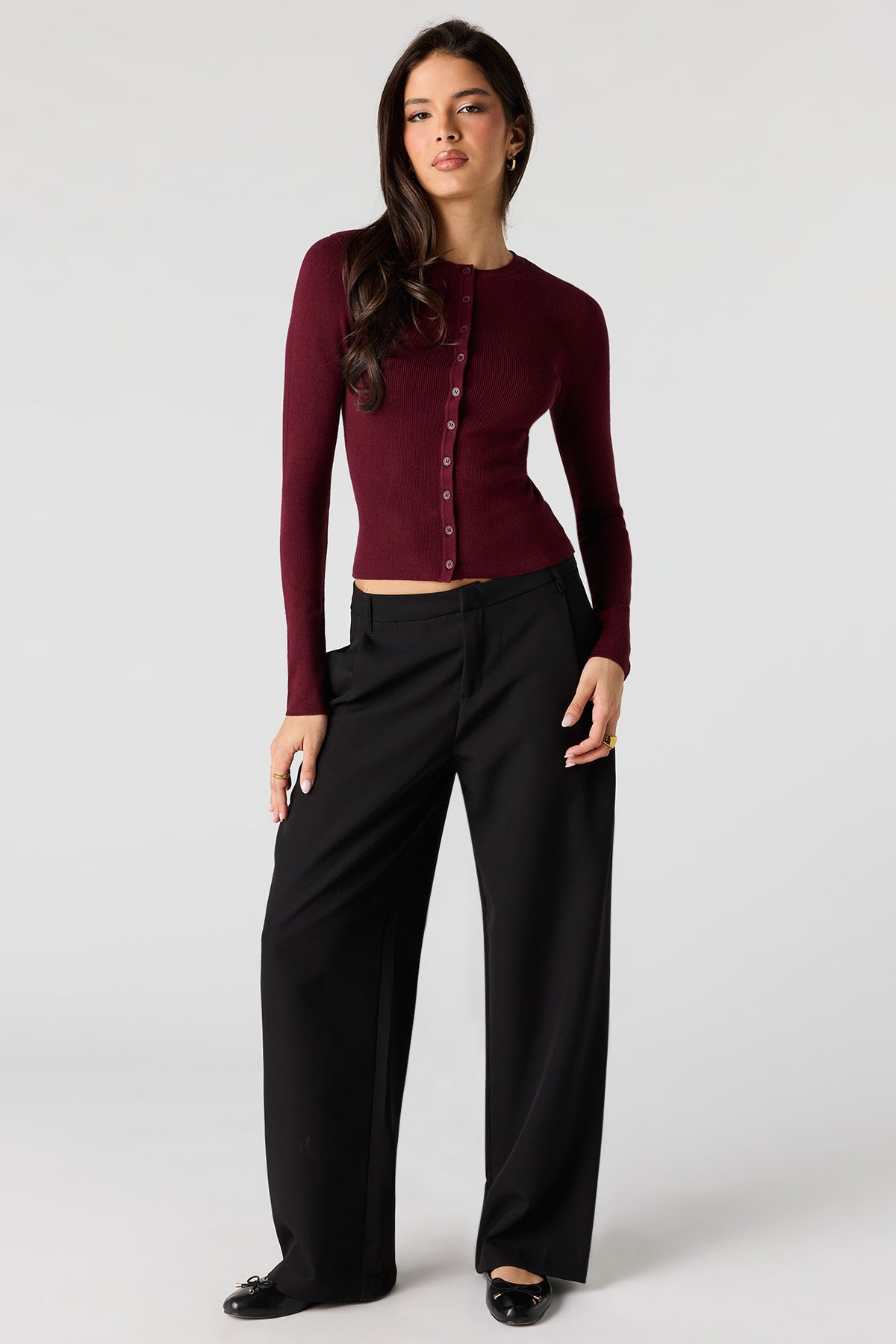 Alt View 3. Ribbed Button-Up Fitted Sweater - Burgundy