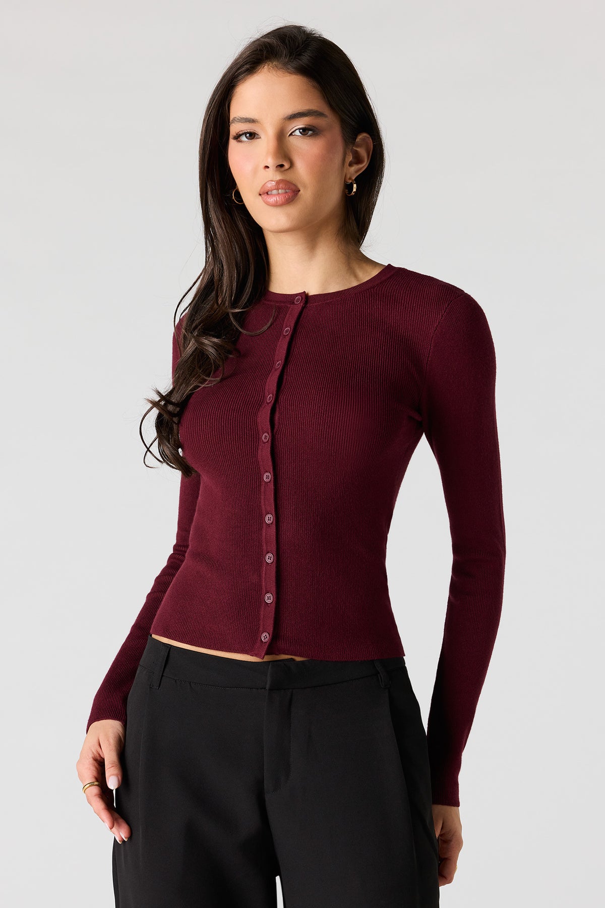 Ribbed Button-Up Fitted Sweater - Burgundy