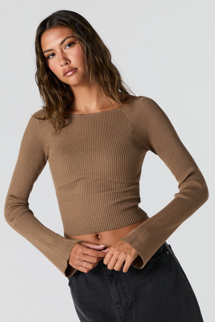 Forever 21 Ribbed Knit Bell Sleeve Sweater Tan Women s