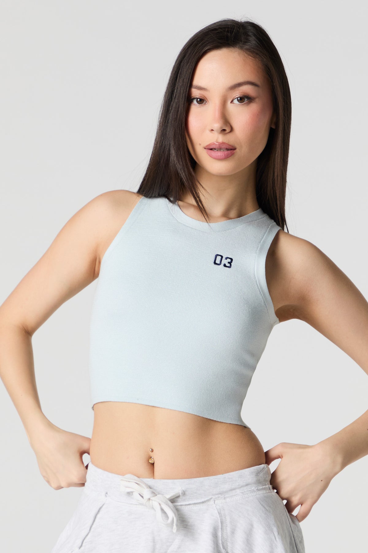 Embroidered Knit Cropped Tank - Blue