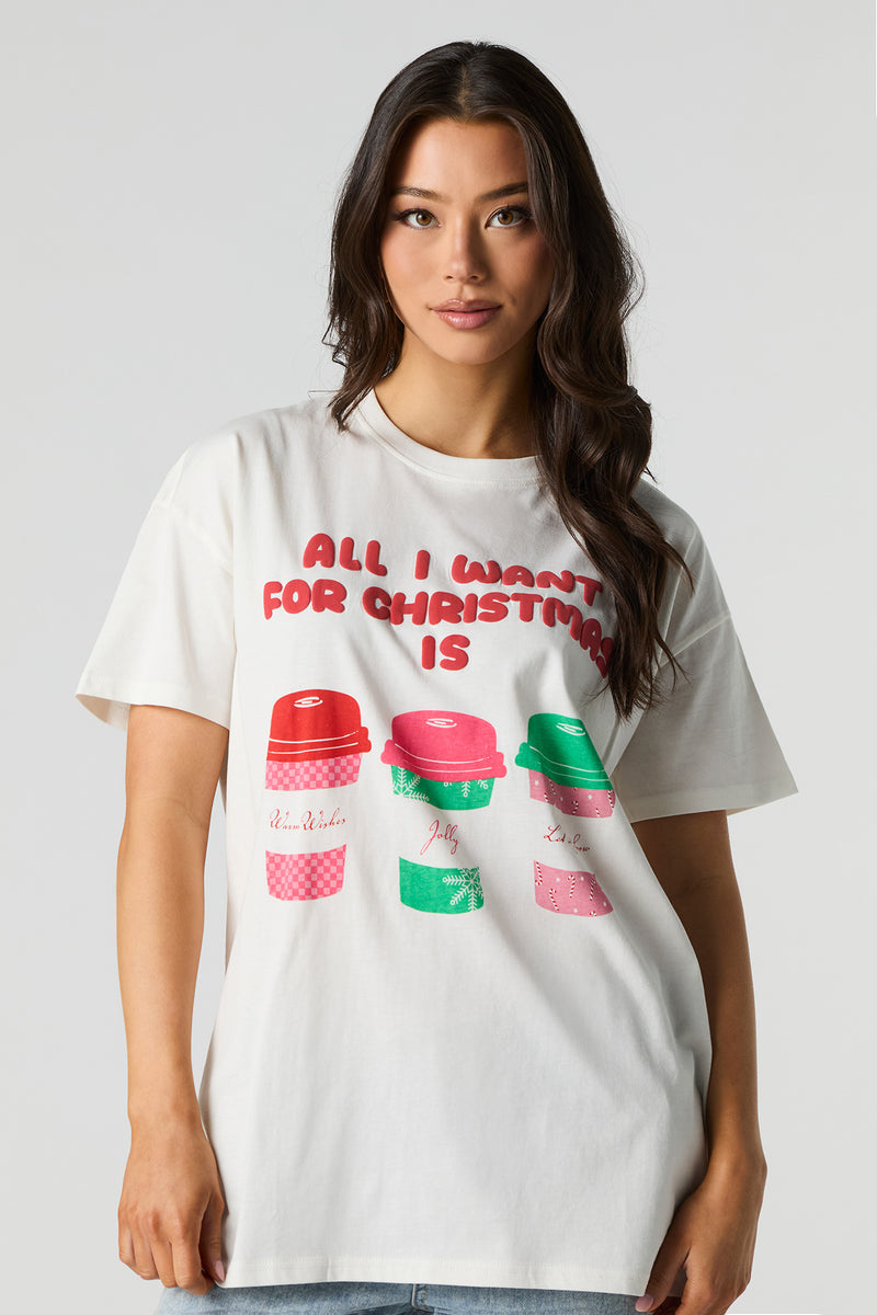 Christmas Coffees Graphic & Puffed Print Oversized T-Shirt
