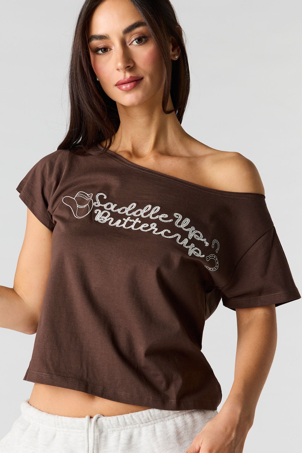 T-shirt imprimé à épaules dénudées