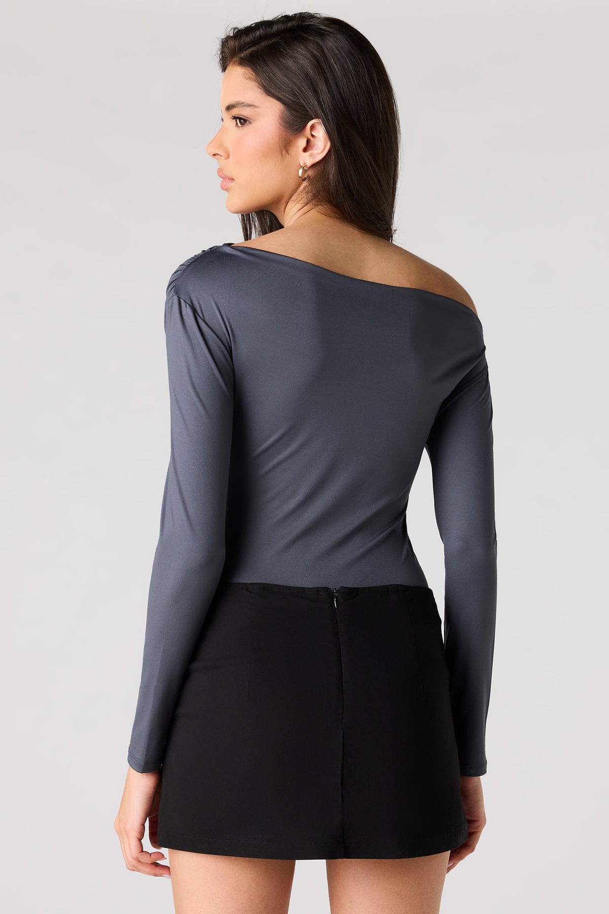 Alt View 2. Contour Off Shoulder Long Sleeve Bodysuit - Dark Grey