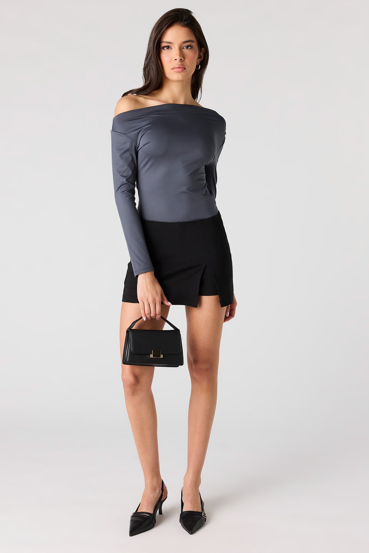 Alt View 3. Contour Off Shoulder Long Sleeve Bodysuit - Dark Grey