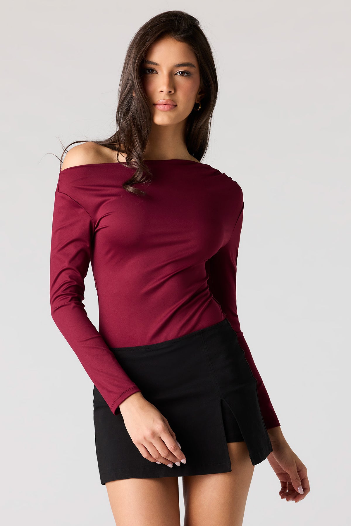 Contour Off Shoulder Long Sleeve Bodysuit - Wine