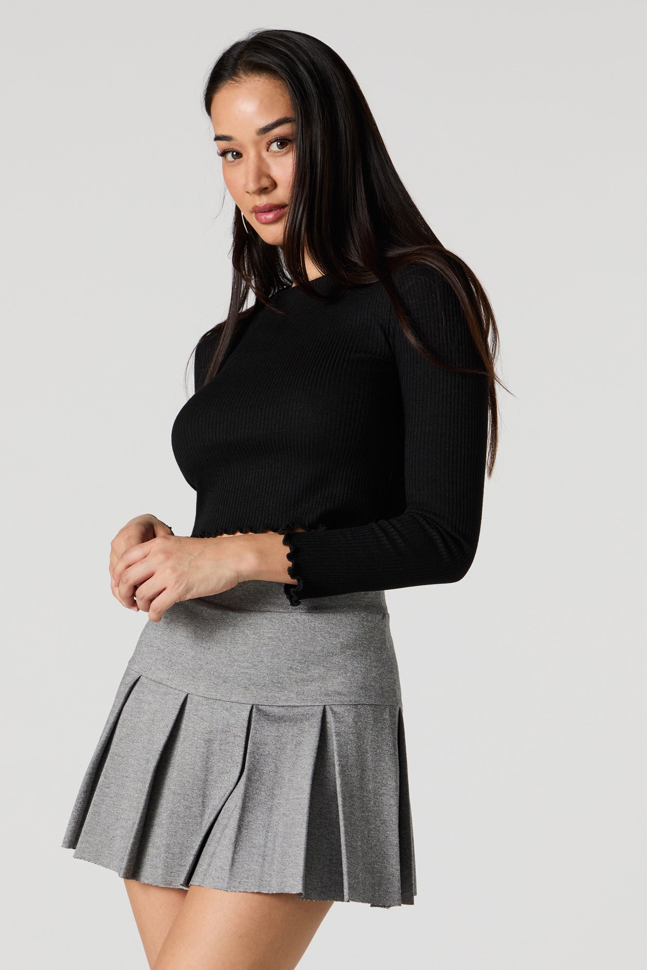 Ribbed Knit Cropped Long Sleeve Top