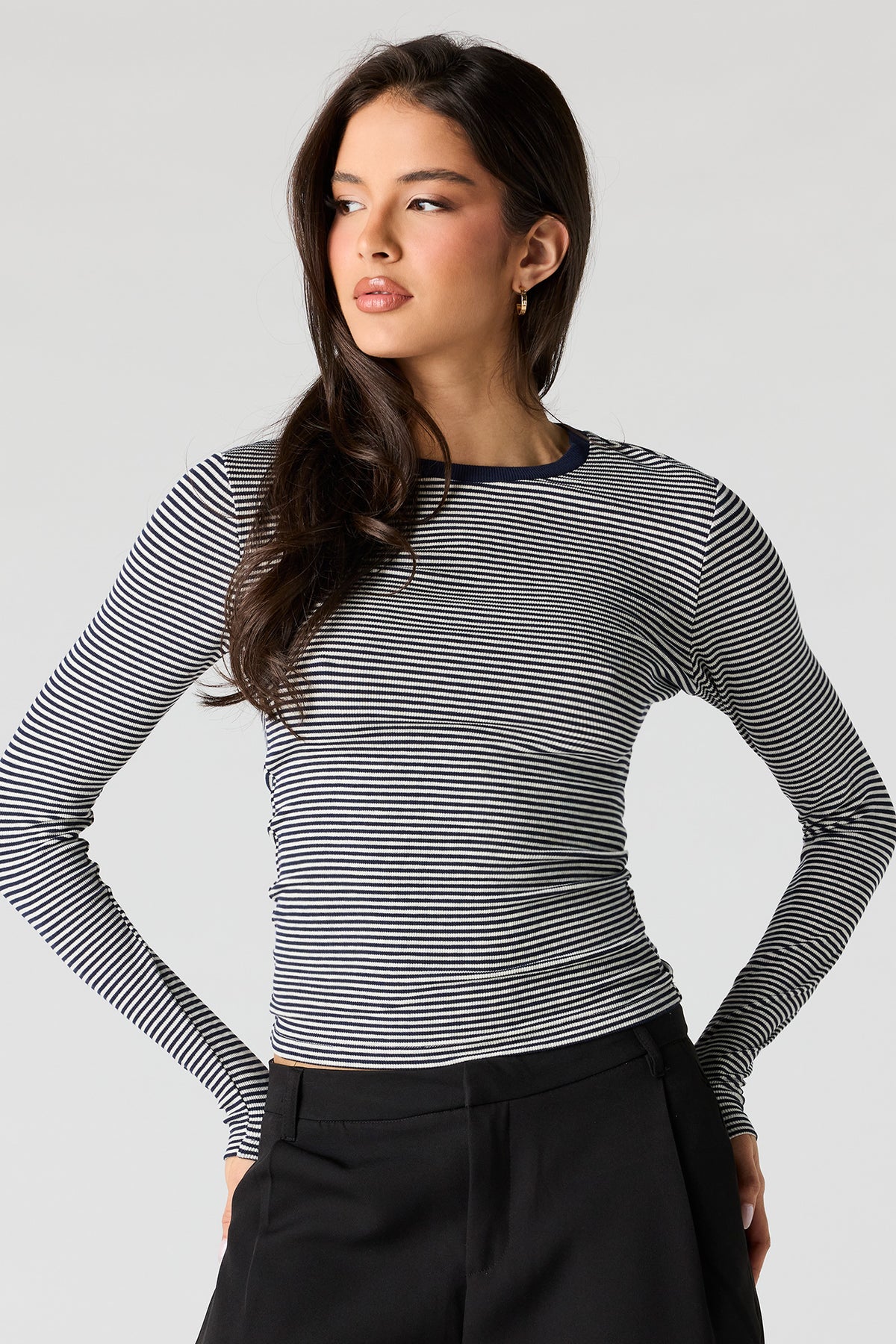 Ribbed Crewneck Long Sleeve Top - Light Grey