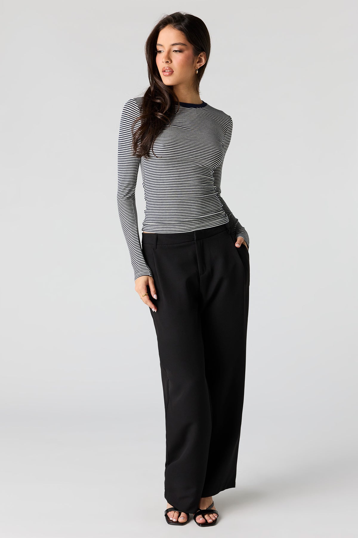 Alt View 3. Ribbed Crewneck Long Sleeve Top - Light Grey
