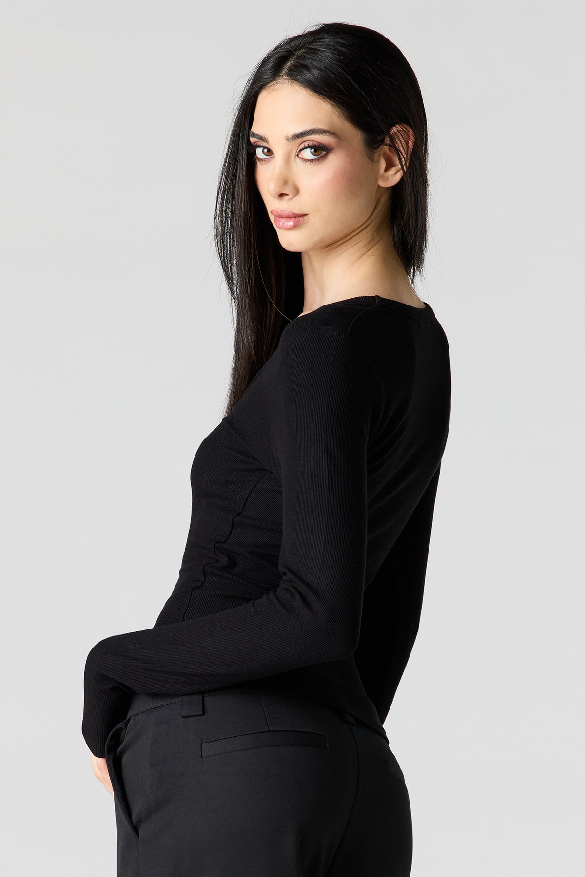 Alt View 2. Ribbed Scoop Neck Long Sleeve Top - Black