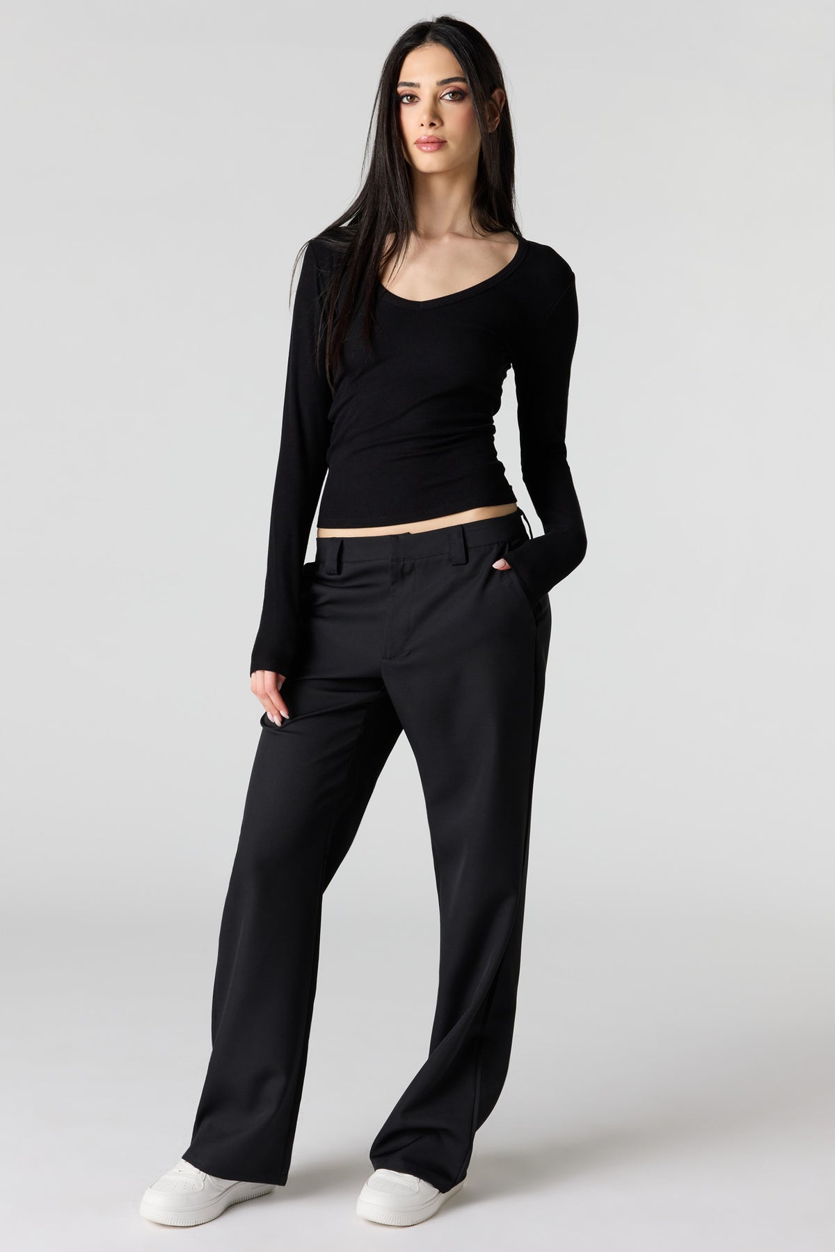 Alt View 3. Ribbed Scoop Neck Long Sleeve Top - Black