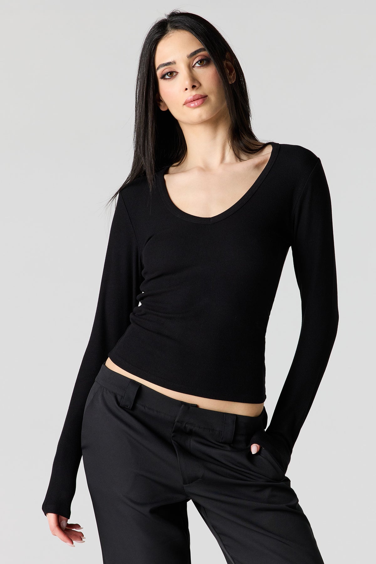 Ribbed Scoop Neck Long Sleeve Top - Black