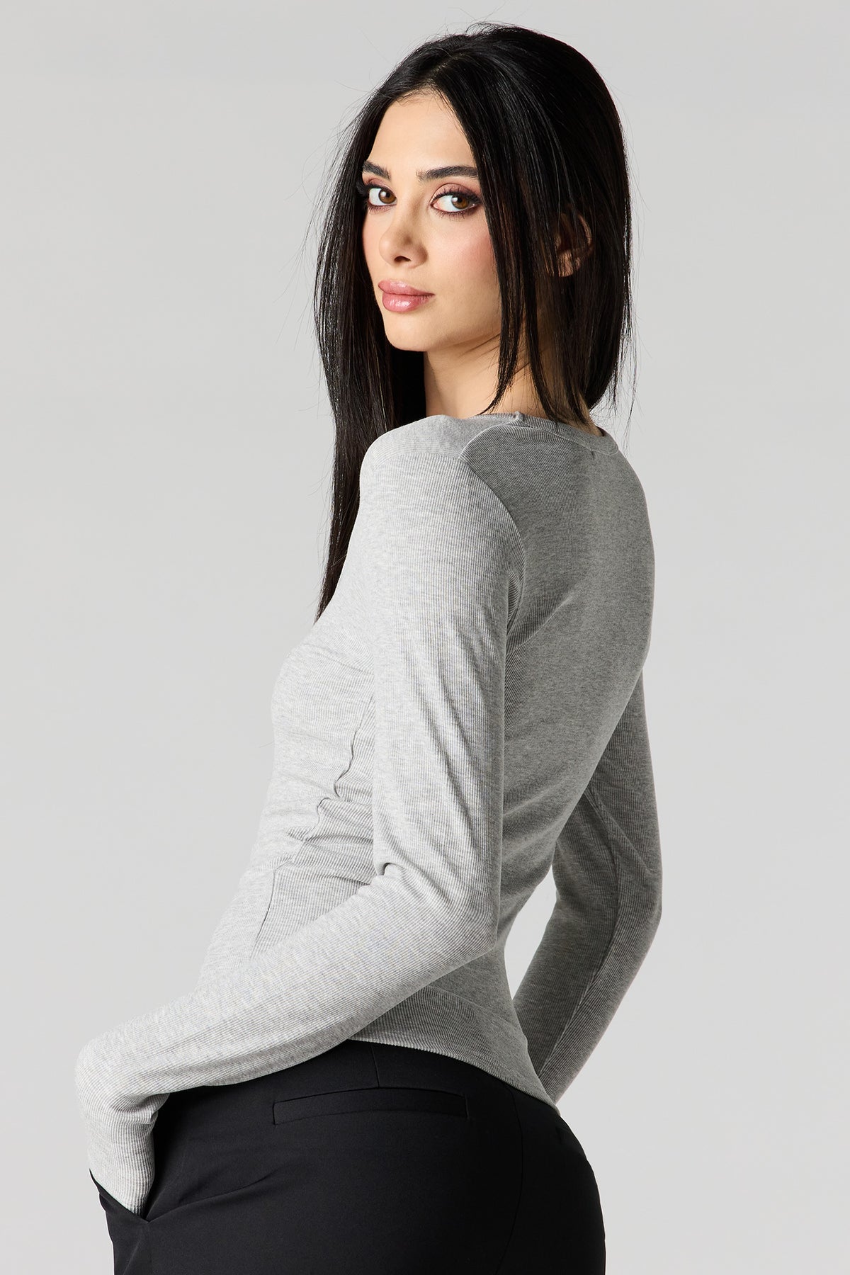 Alt View 2. Ribbed Scoop Neck Long Sleeve Top - Heather Grey